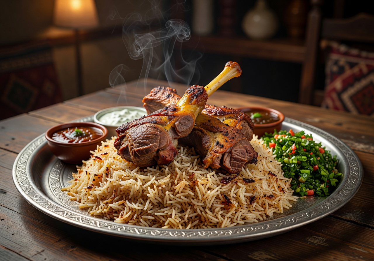 طبق المندي اليمني بالأرز المدخن واللحم