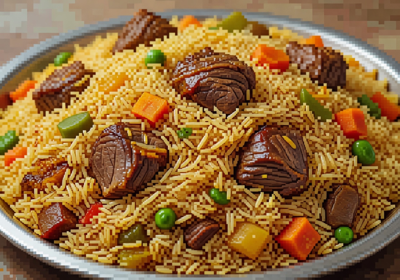 صورة قريبة لطبق كبسة لحم بالأعشاب